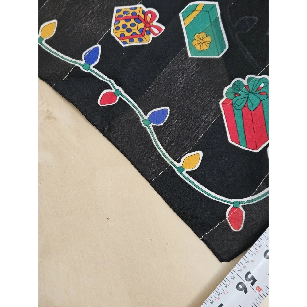 Christmas Scarf Black Sheer Lightweight Holiday Presents String Lights Wrap Vtg